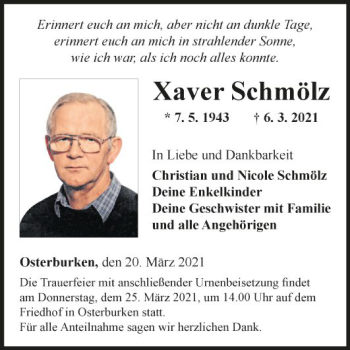 Traueranzeige von Xaver Schmölz von Fränkische Nachrichten