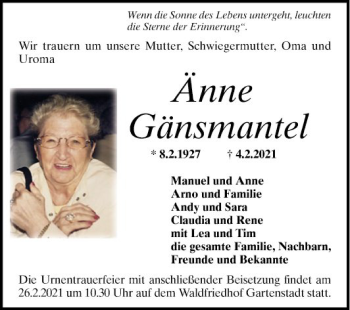 Traueranzeige von Änne Gansmantel von Mannheimer Morgen