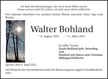 Traueranzeige von Walter Bohland von Mannheimer Morgen