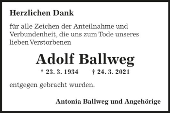 Traueranzeige von Adolf Ballweg von Fränkische Nachrichten