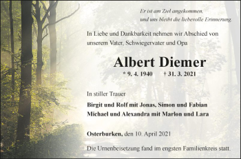 Traueranzeige von Albert Diemer von Fränkische Nachrichten