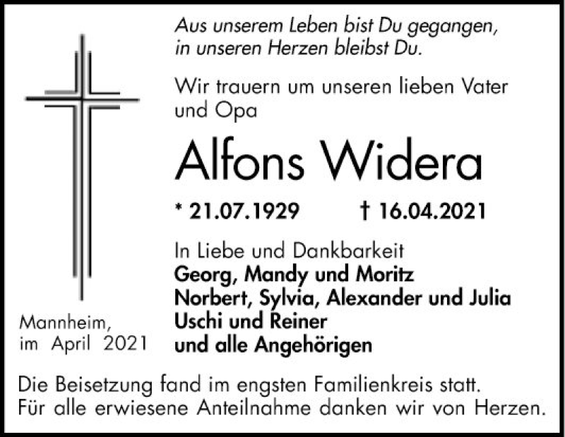  Traueranzeige für Alfons Widera vom 24.04.2021 aus Mannheimer Morgen