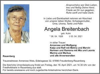 Traueranzeige von Angela Breitenbach von Fränkische Nachrichten