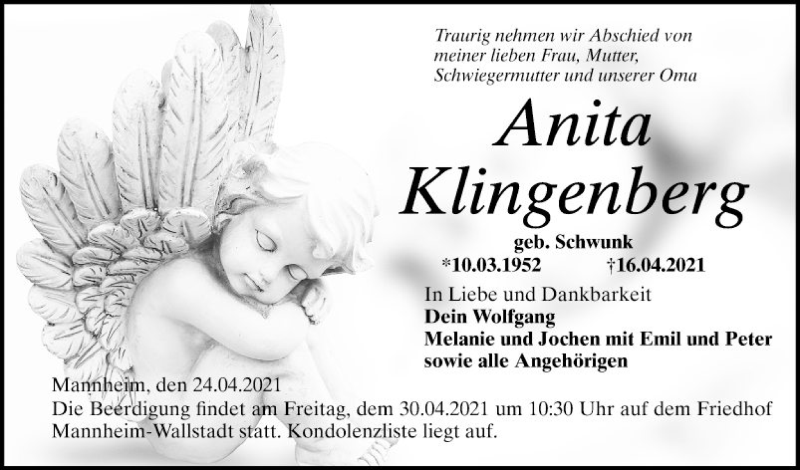  Traueranzeige für Anita Klingenberg vom 24.04.2021 aus Mannheimer Morgen