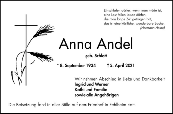 Traueranzeige von Anna Andel von Bergsträßer Anzeiger