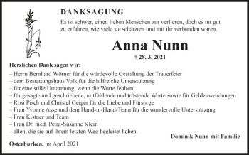 Traueranzeige von Anna Nunn von Fränkische Nachrichten