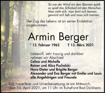 Traueranzeige von Armin Berger von Mannheimer Morgen