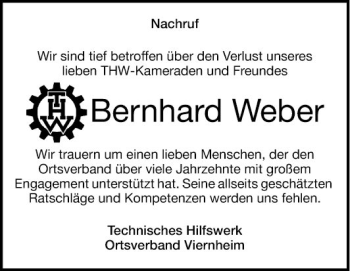 Traueranzeige von Bernhard Weber von Mannheimer Morgen