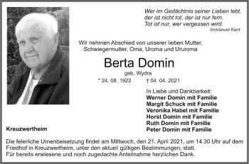 Traueranzeige von Berta Domin von Fränkische Nachrichten