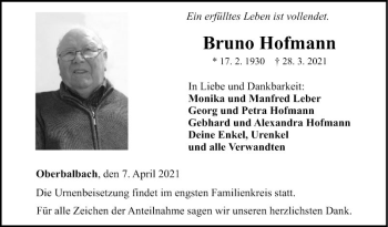 Traueranzeige von Bruno Hofmann von Fränkische Nachrichten