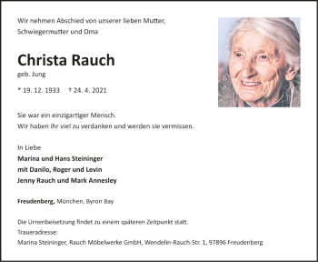 Traueranzeige von Christa Rauch von Fränkische Nachrichten