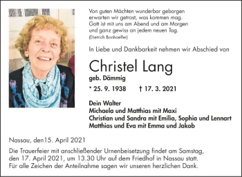 Traueranzeige von Christel Lang von Fränkische Nachrichten