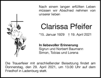 Traueranzeige von Clarissa Pfeifer von Mannheimer Morgen