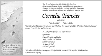 Traueranzeige von Cornelia Transier von Schwetzinger Zeitung