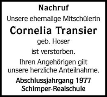 Traueranzeige von Cornelia Transier von Schwetzinger Zeitung