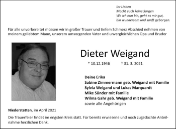 Traueranzeige von Dieter Weigand von Fränkische Nachrichten