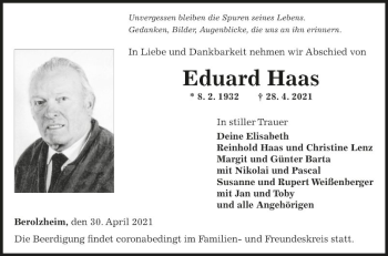 Traueranzeige von Eduard Haas von Fränkische Nachrichten