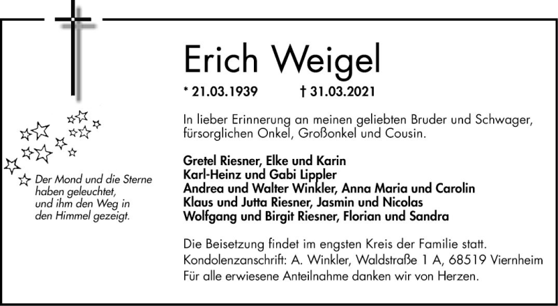  Traueranzeige für Erich Weigel vom 10.04.2021 aus Südhessen Morgen