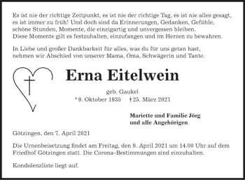 Traueranzeige von Erna Eitelwein von Fränkische Nachrichten