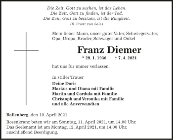 Traueranzeige von Franz Diemer von Fränkische Nachrichten