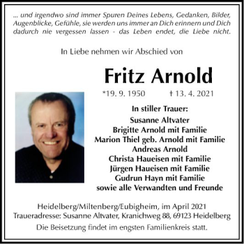 Traueranzeige von Fritz Arnold von Fränkische Nachrichten