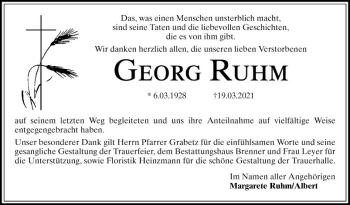 Traueranzeige von Georg Ruhm von Schwetzinger Zeitung
