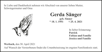 Traueranzeige von Gerda Sänger von Fränkische Nachrichten