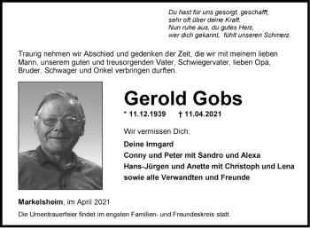 Traueranzeige von Gerold Gobs von Fränkische Nachrichten