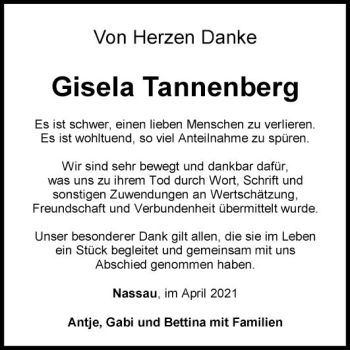 Traueranzeige von Gisela Tannenberg von Fränkische Nachrichten