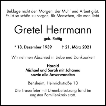 Traueranzeige von Gretel Herrmann von Bergsträßer Anzeiger