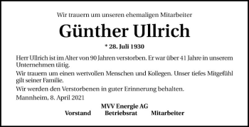 Traueranzeige von Günther Ullrich von Mannheimer Morgen