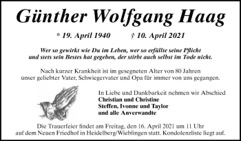 Traueranzeige von Günther Wolfgang Haag von Schwetzinger Zeitung