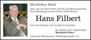 Traueranzeige von Hans Filbert von Bergsträßer Anzeiger