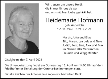 Traueranzeige von Heidemarie Hofmann von Fränkische Nachrichten