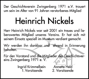 Traueranzeige von Heinrich Nickels von Bergsträßer Anzeiger