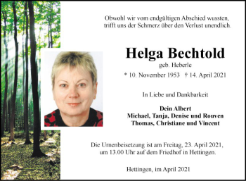 Traueranzeige von Helga Bechtold von Fränkische Nachrichten