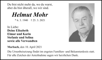 Traueranzeige von Helmut Mohr von Fränkische Nachrichten