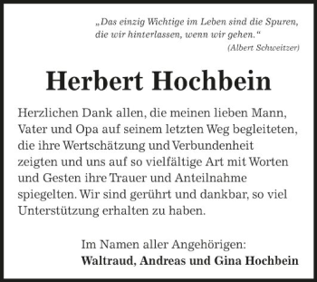 Traueranzeige von Herbert Hochbein von Fränkische Nachrichten