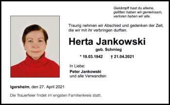 Traueranzeige von Herta Jankowski von Fränkische Nachrichten