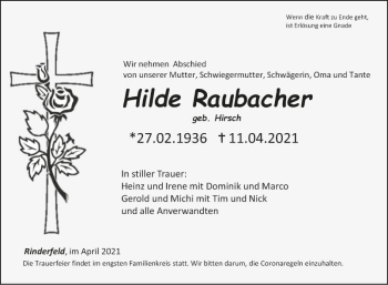 Traueranzeige von Hilde Raubacher von Fränkische Nachrichten