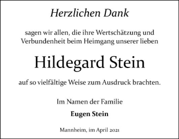 Traueranzeige von Hildegard Stein von Mannheimer Morgen