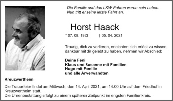 Traueranzeige von Horst Haack von Fränkische Nachrichten