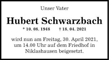 Traueranzeige von Hubert Schwarzbach von Fränkische Nachrichten