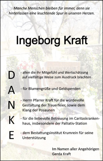 Traueranzeige von Ingeborg Kraft von Fränkische Nachrichten