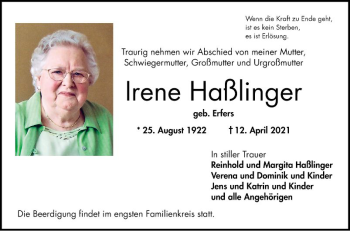 Traueranzeigen von Irene Haßlinger | Trauerportal Ihrer Tageszeitung