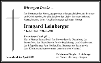 Traueranzeige von Irmgard Leinberger von Fränkische Nachrichten