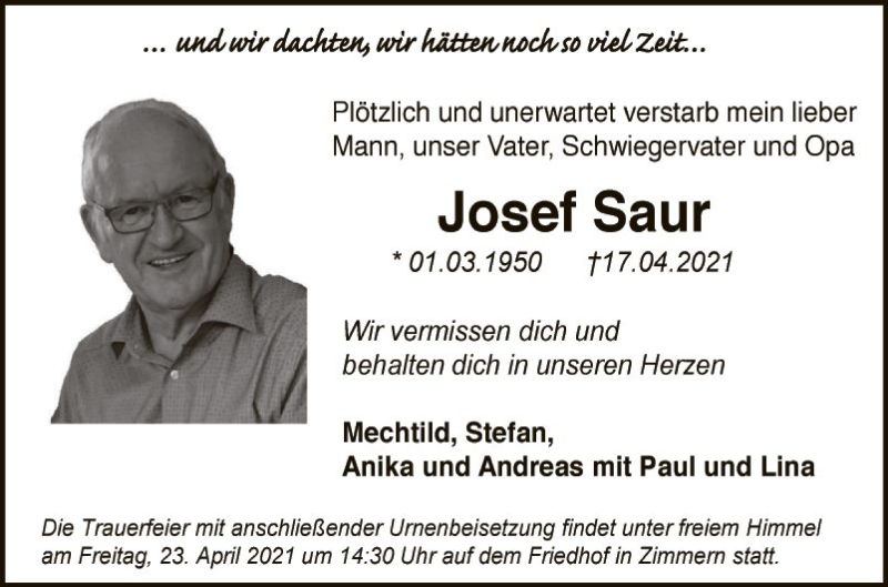  Traueranzeige für Josef Saur vom 21.04.2021 aus Fränkische Nachrichten