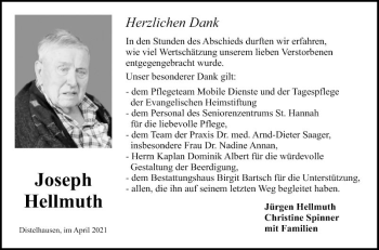 Traueranzeige von Joseph Hellmuth von Fränkische Nachrichten