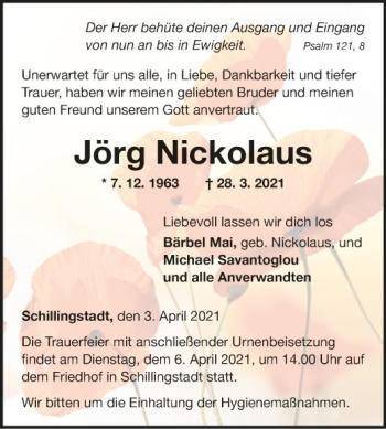 Traueranzeige von Jörg Nickolaus von Fränkische Nachrichten