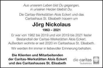 Traueranzeige von Jörg Nickolaus von Fränkische Nachrichten